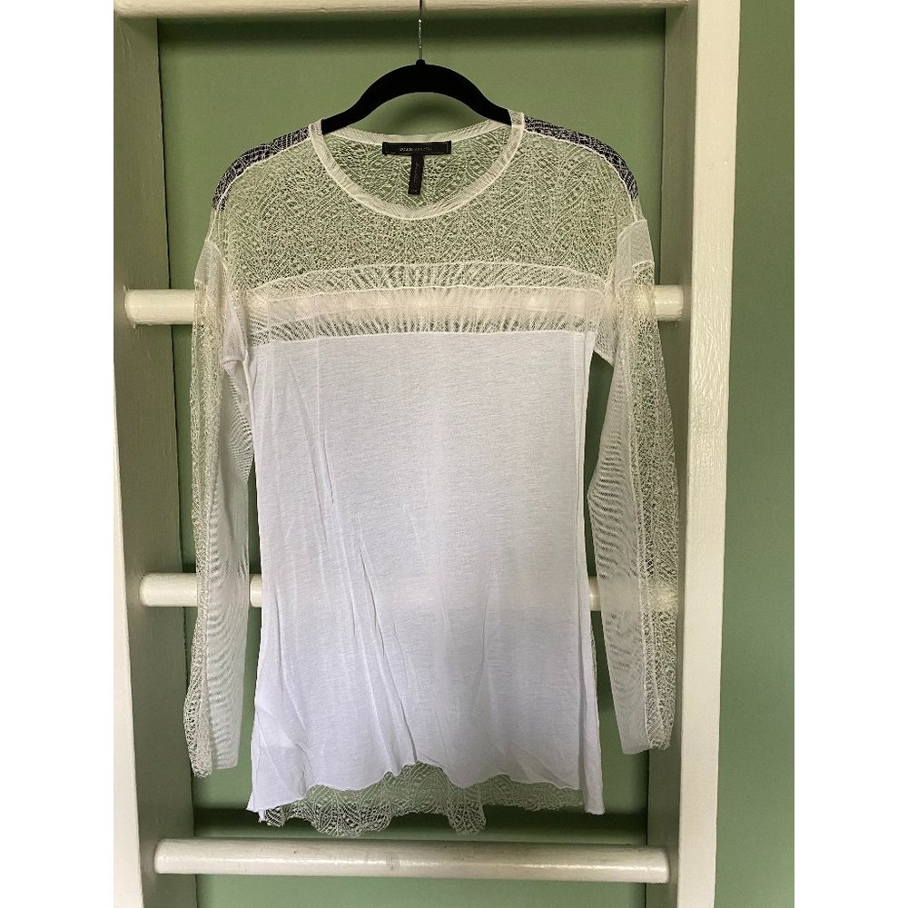 BCBG Max Azria White Lace Sheer Long Sleeve Shirt